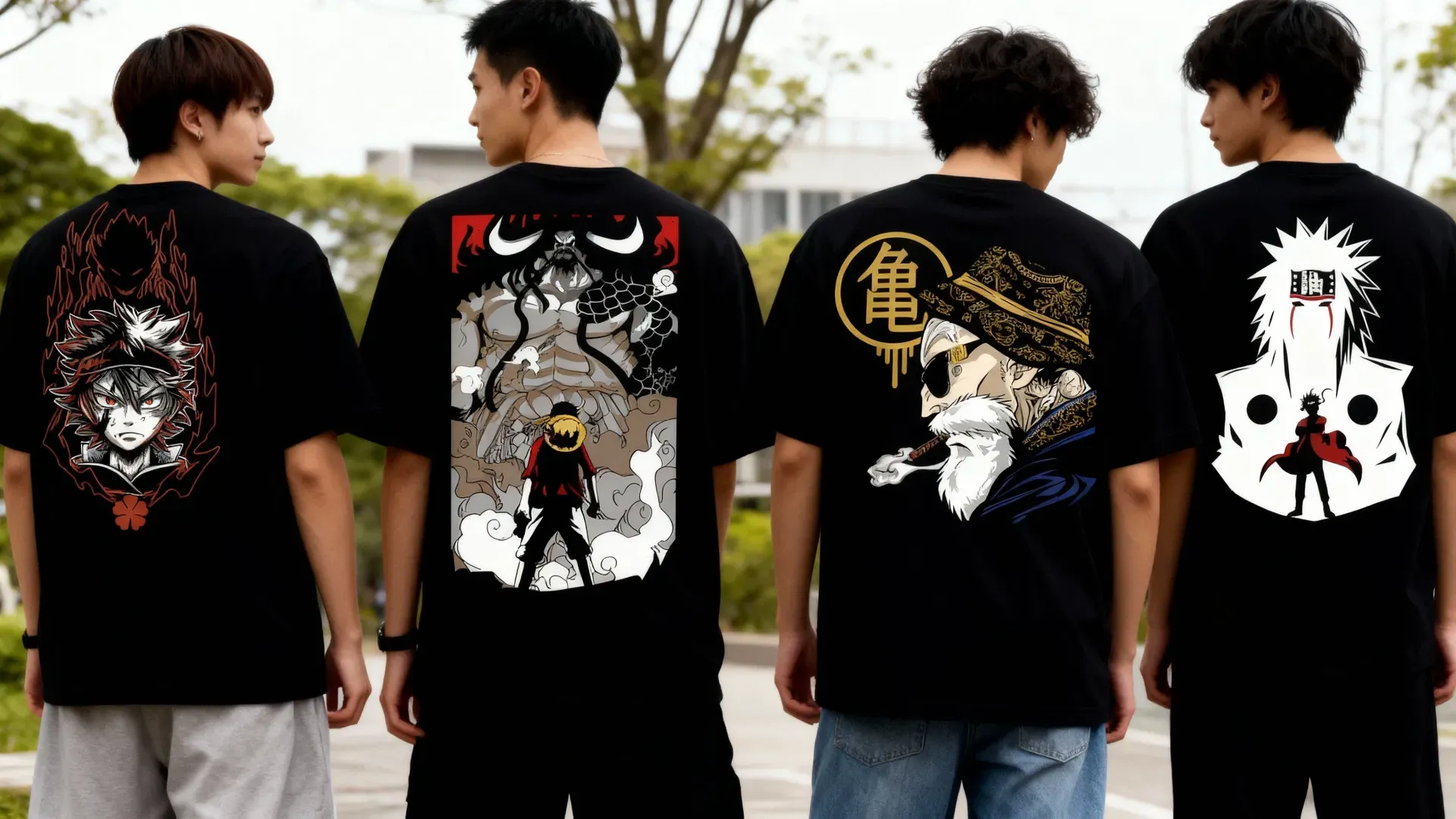 Cuatro jóvenes de espaldas con playeras negras estampadas con ilustraciones de anime