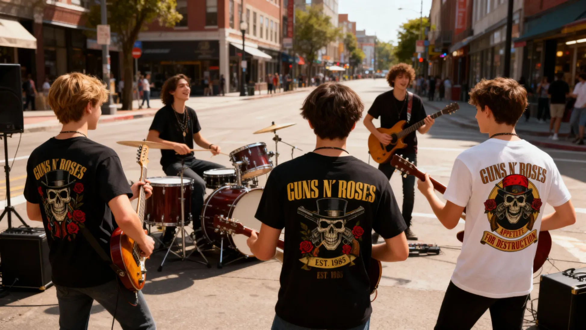 Grupo de músicos tocando en la calle con playeras estampadas con diseños de rock