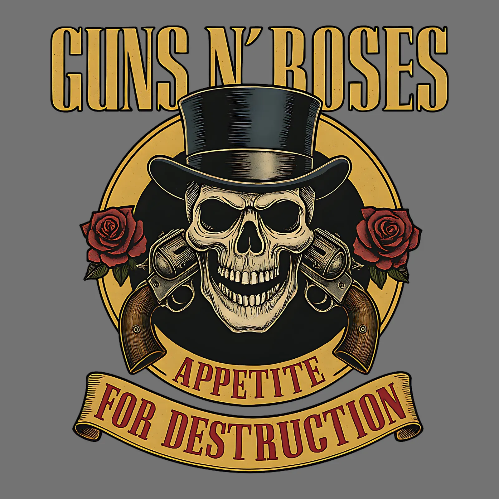 Diseño Guns N' Roses: calavera con sombrero de copa sobre un círculo dorado y el listón «Appetite for Destruction»