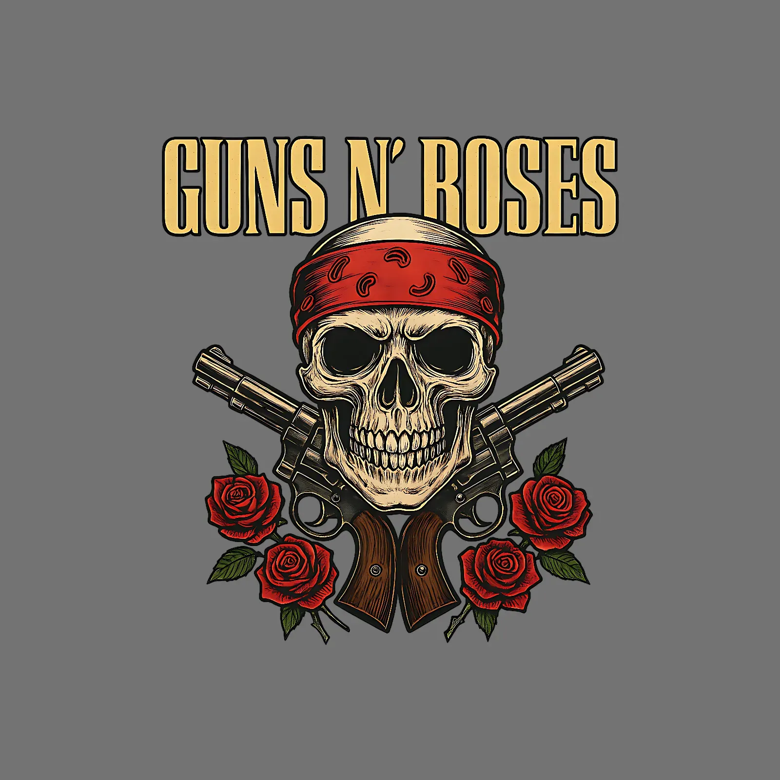 Diseño Guns N' Roses: calavera con bandana roja, revólveres y rosas