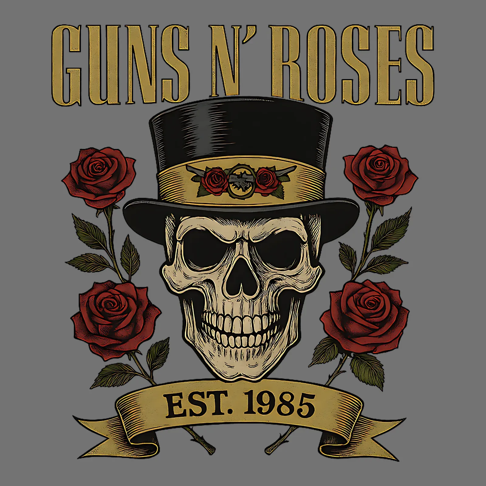 Diseño Guns N' Roses: calavera con sombrero de copa, rosas y el listón «Est. 1985»