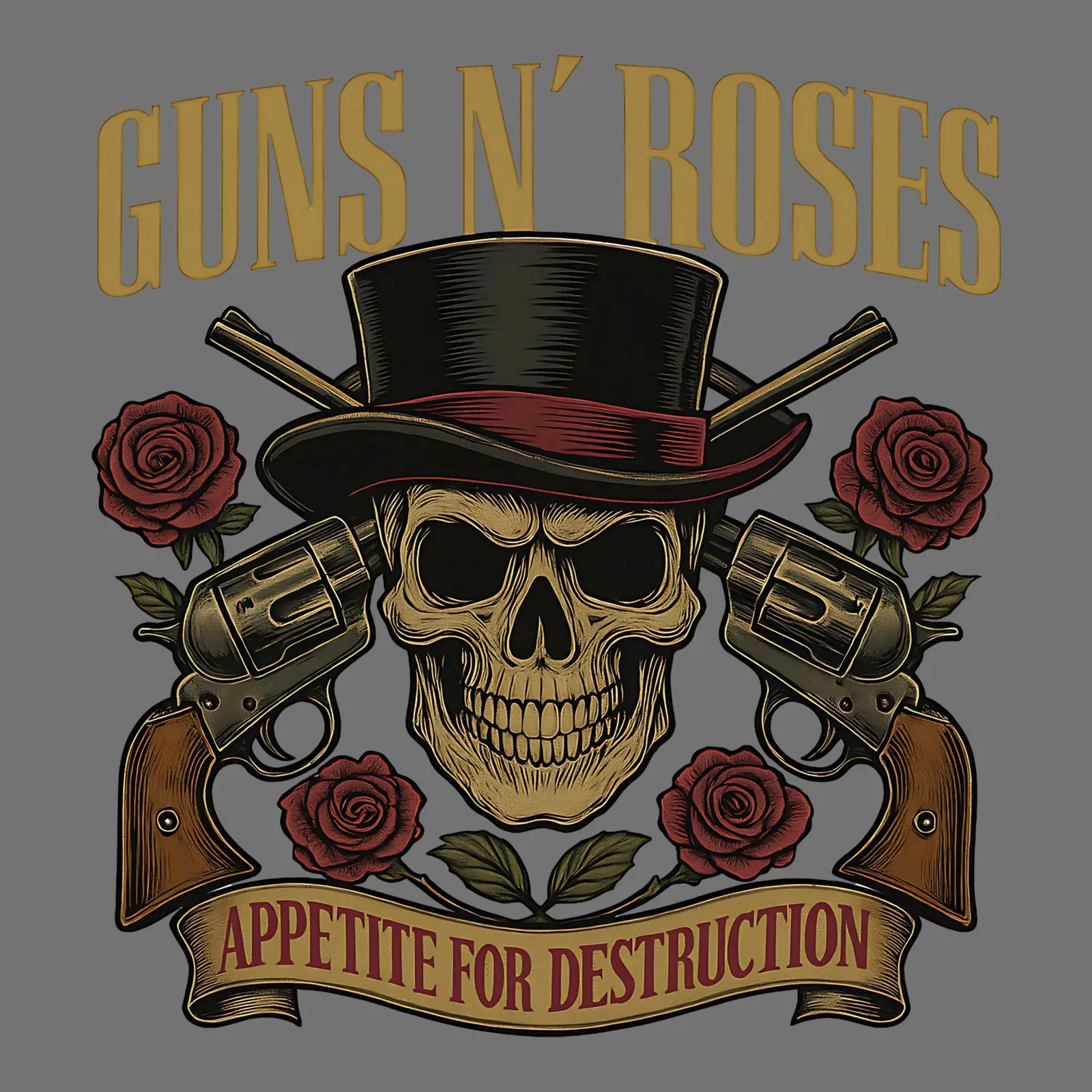 Diseño Guns N' Roses: calavera con sombrero de copa, revólveres, rosas y el listón «Appetite for Destruction»