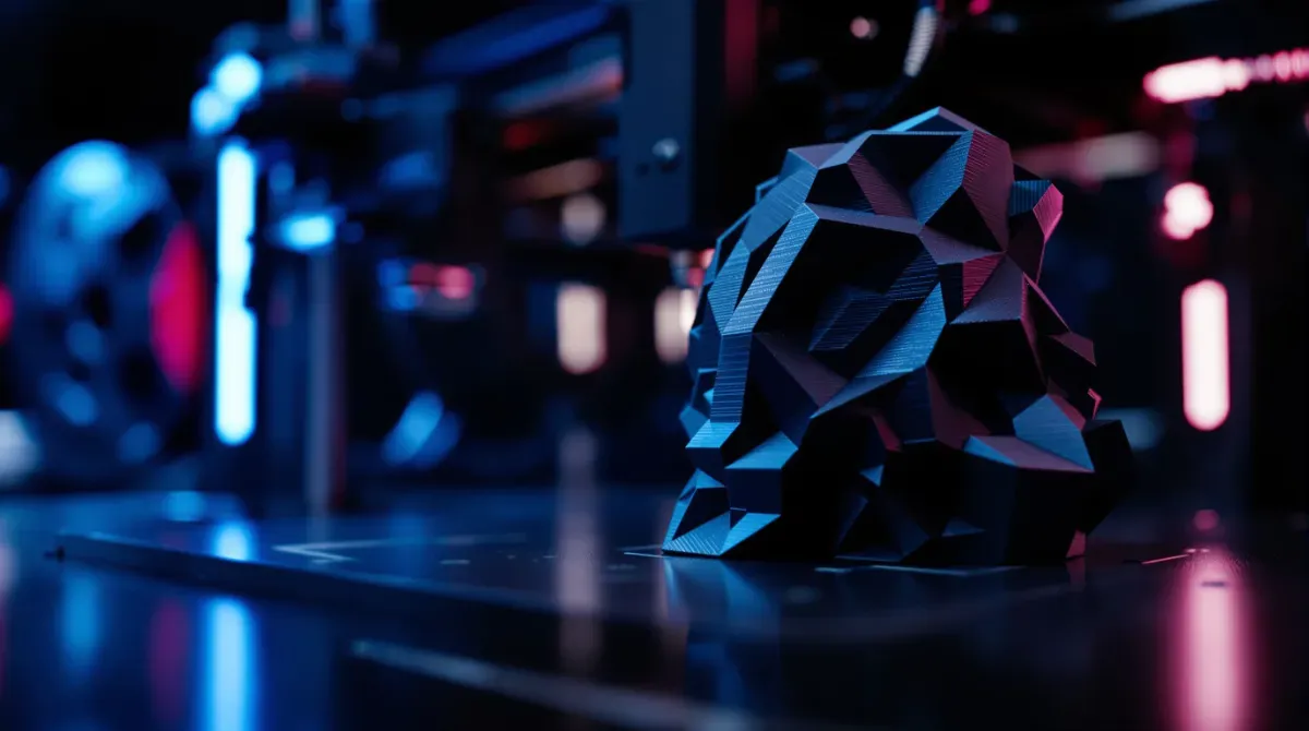 Pieza de forma geométrica impresa en 3D frente a una impresora 3D