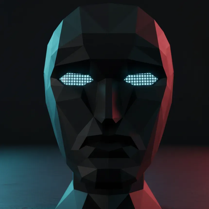 Máscara del jefe de Squid Game impresa en 3D, rostro low poly negro con ojos luminosos