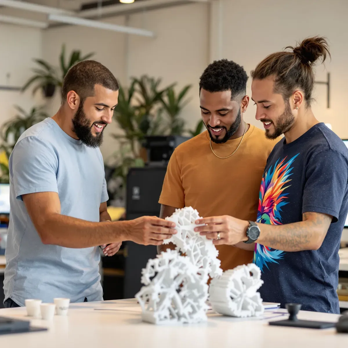 Tres personas revisando una pieza impresa en 3D en un taller