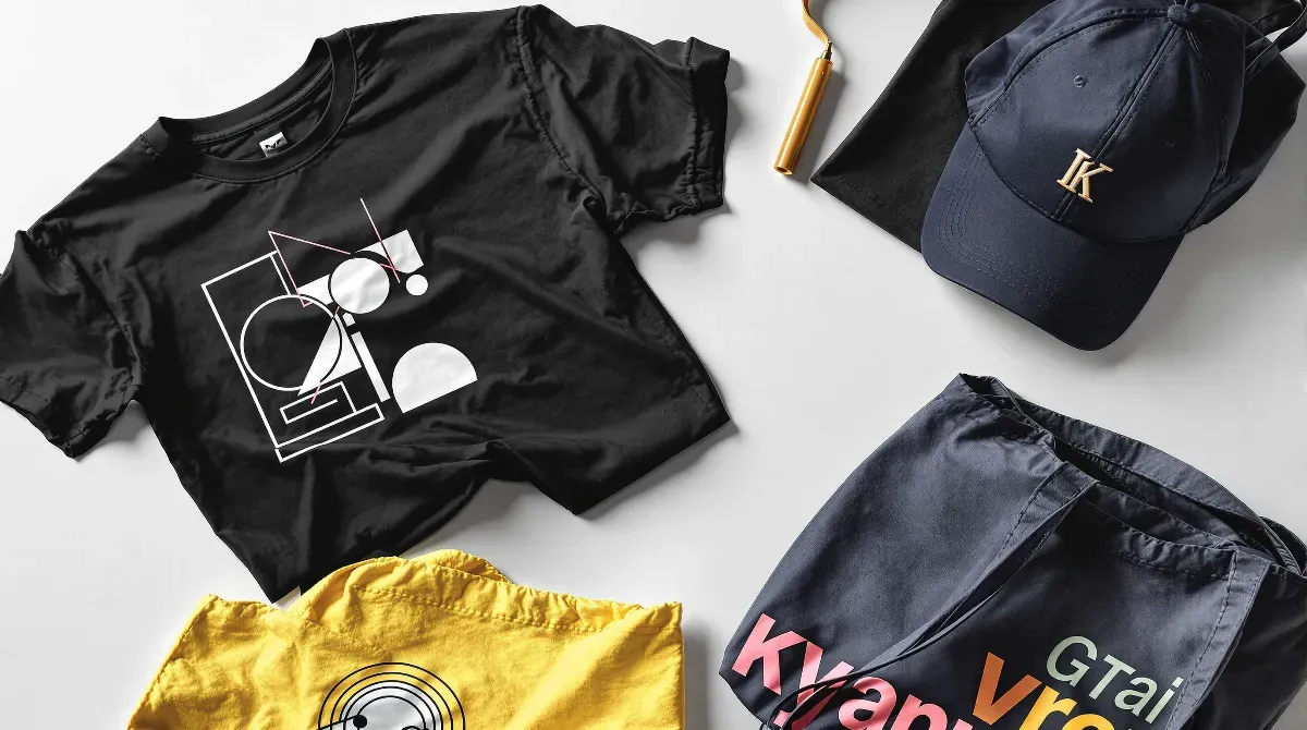 Playera negra con un diseño geométrico blanco, gorra y otras prendas sobre una mesa
