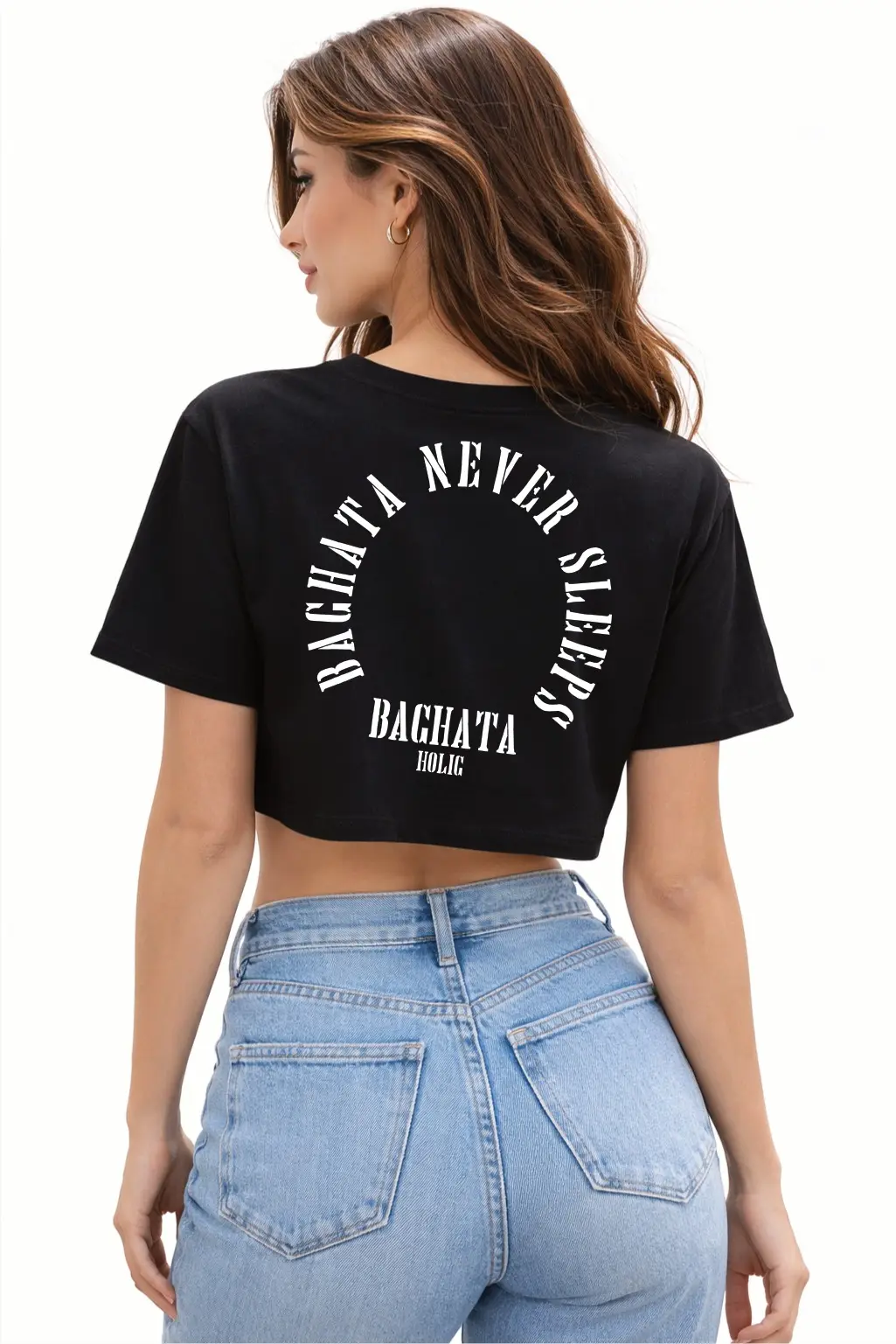 imagen de T-Shirt Crop Top "Bachata Never Sleeps" Circle Edition - Negro